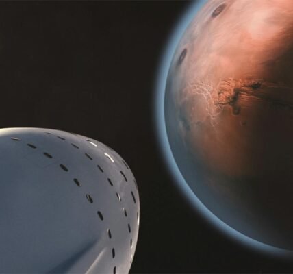 A detailed view of a spaceship approaching Mars, highlighting interplanetary exploration.
