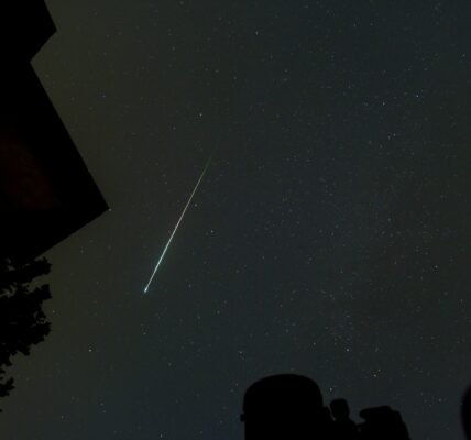 a shooting star is seen in the night sky