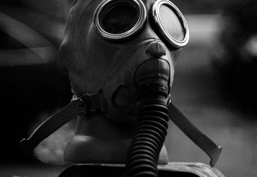 grayscale photo of gas mask